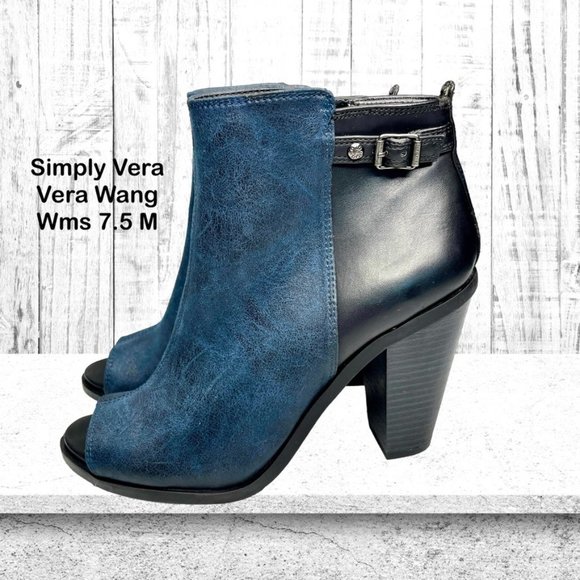 SimplyVera Womens Eston Navy‎ Black Peep Toe Zip 3.5In Heeled Bootie Size 7.5 M - Picture 1 of 10
